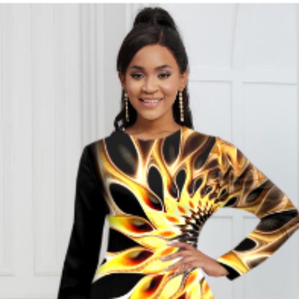 Women's Long-sleeve, round-neck sunshine floral-print sheath dress